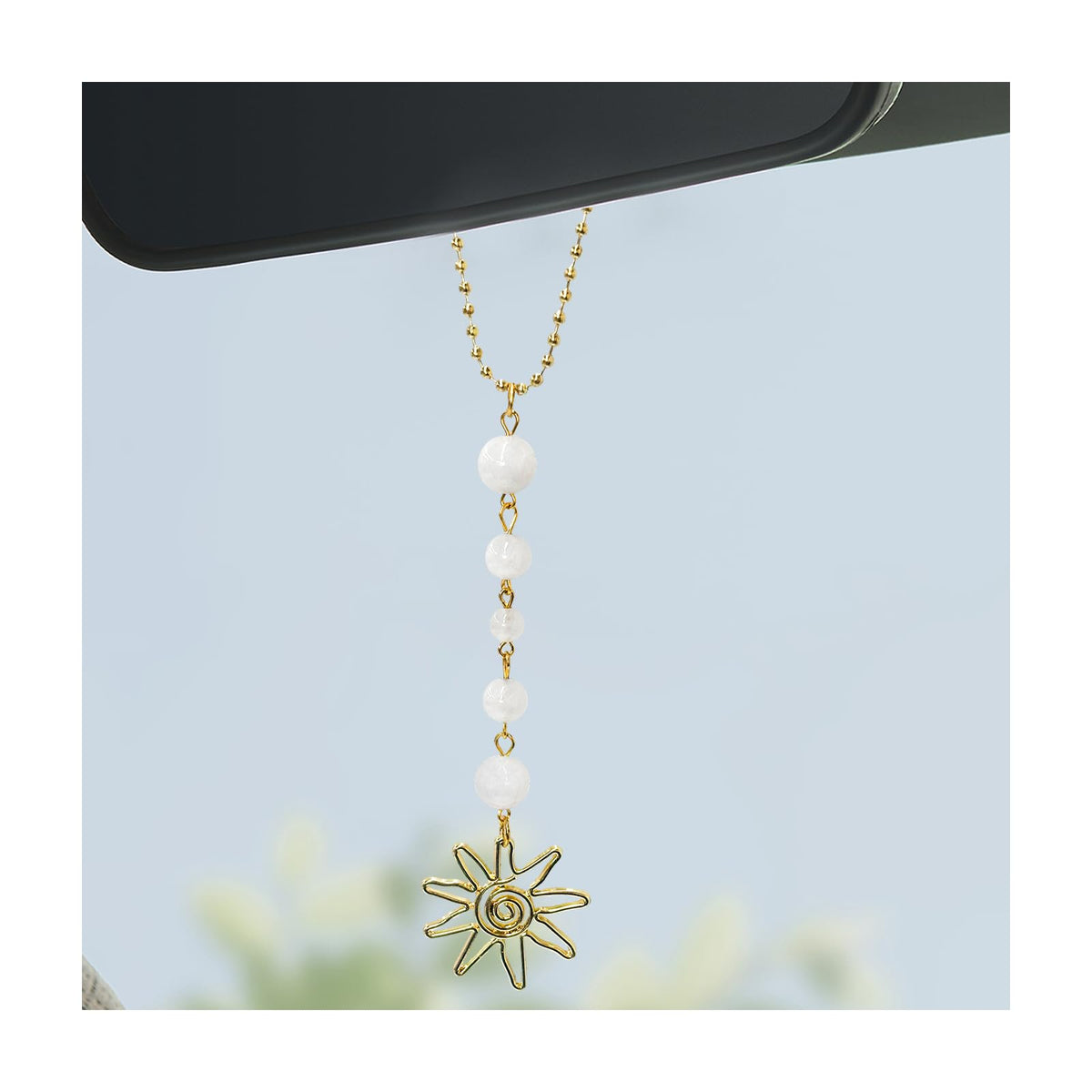 Sun Hanging Car Charm, Rear View Mirror Cute Boho Dangling Sun Car Decor Hanging Ornament, Handmade Healing Natural Crystals Stones Sun Catcher Mirror Pendant for Women Men (Green)