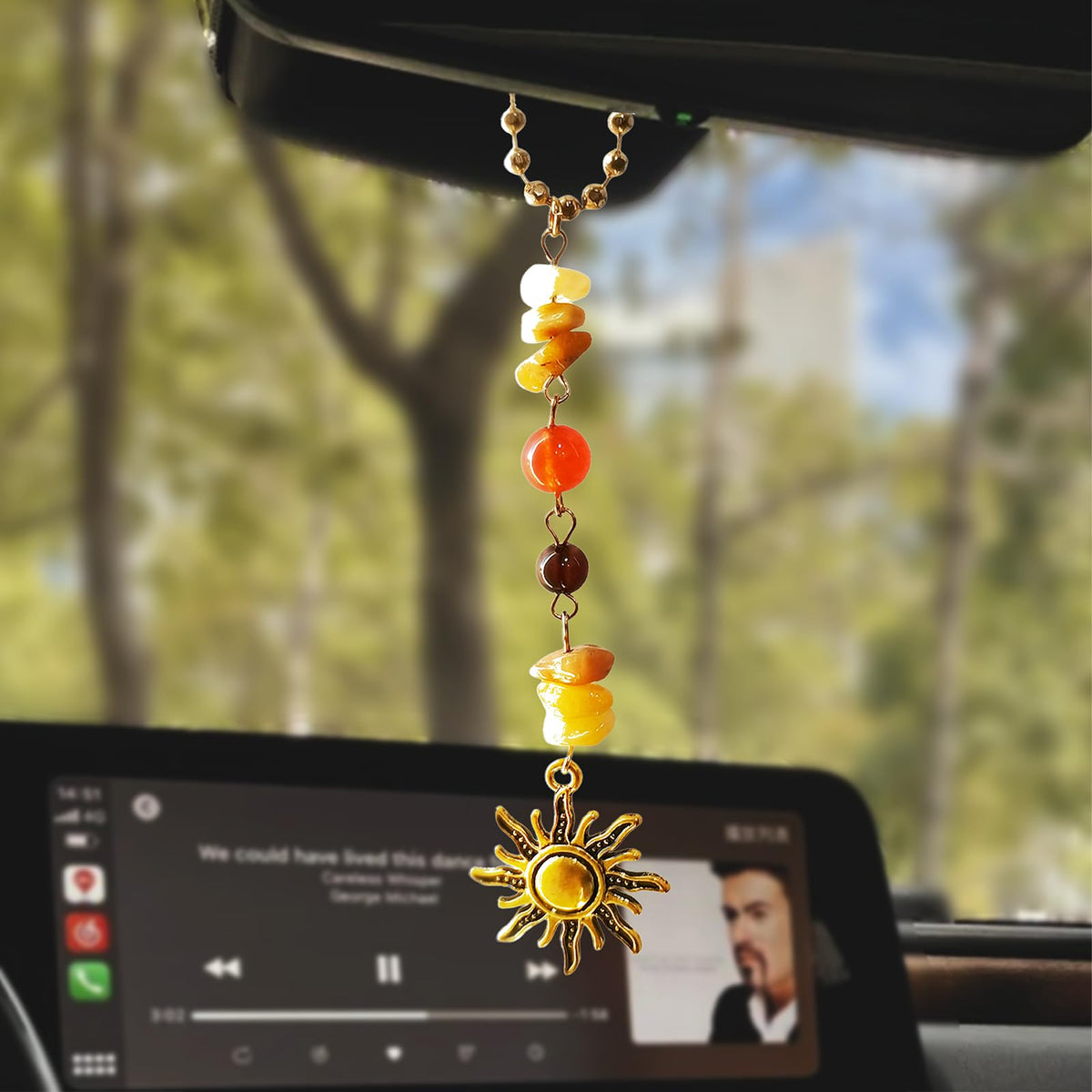 Sun Moon Car Charm Hanging, Boho Dangling Automotive Decor-Rear View Mirror Decoration with Handmade Healing Crystals Stones, Cute Interior Ornament Car Accessories