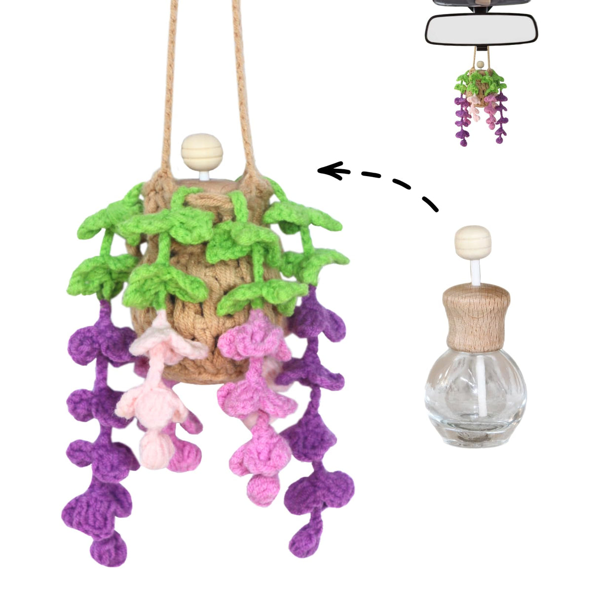 ROFIGL Handmade Crochet Hanging Car Air Freshener - Glow-in-the-Dark Lily of the Valley Plant with 12ml Refillable Essential Oil Diffuser Bottle, Halloween Car Accessories & Bedroom Nightlight Decor
