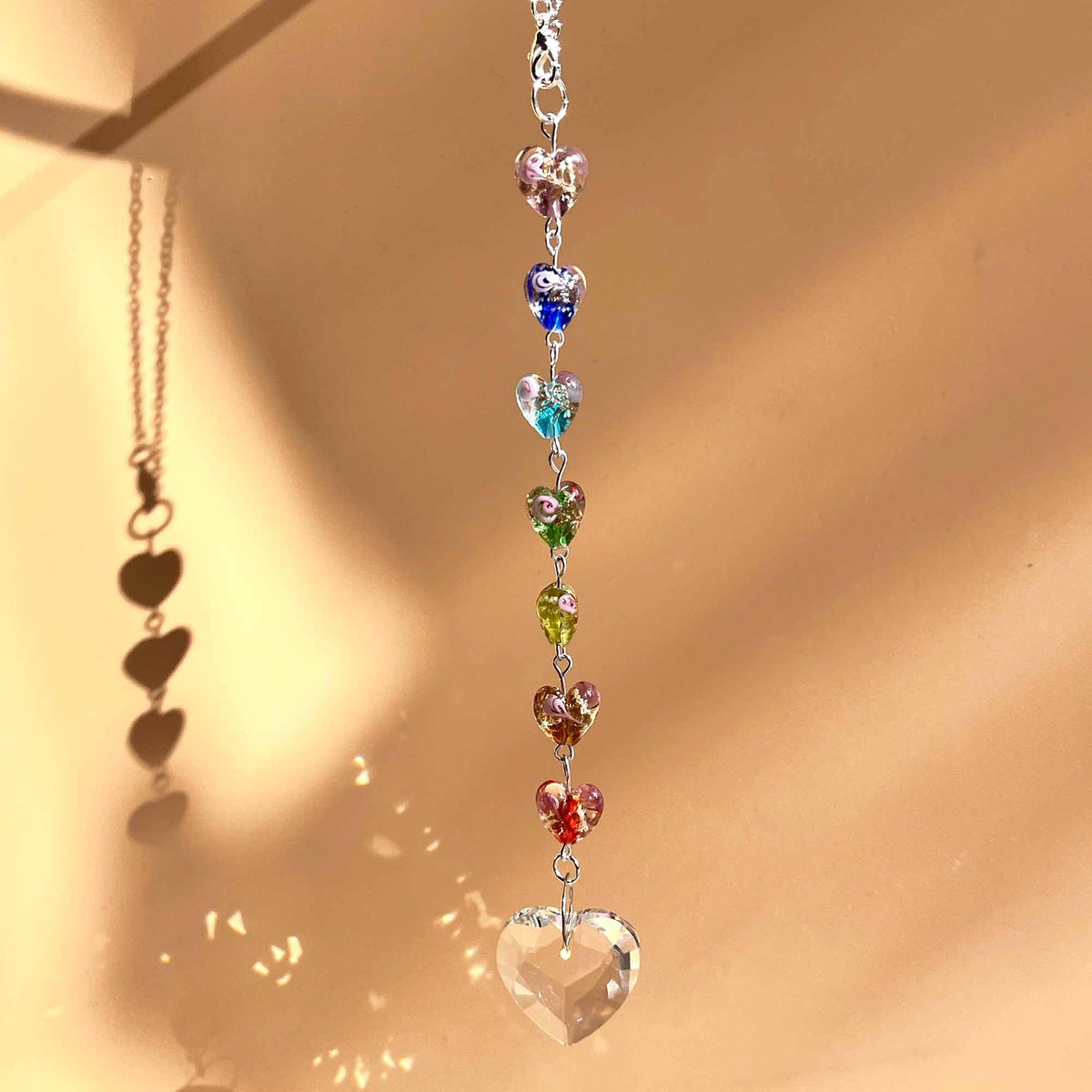 Crystal Suncatcher Charm for Car Rear View Mirror, 7 Chakras Rainbow Glass Chanderlier Prisms Hanging Car Charm, Sun Catcher Ornament Window Wall Home Décor (Rainbow Heart)