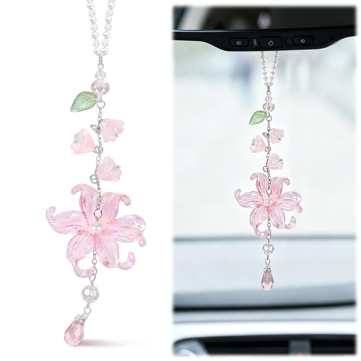 Lily of the Valley Car Charm Hanging Ornament - Floral Rear View Mirror Pendant with Crystal Leaf Beads, Handmade Resin Flower Auto Interior Accessory for Car Truck SUV, Gift for Women Girls (Pink)