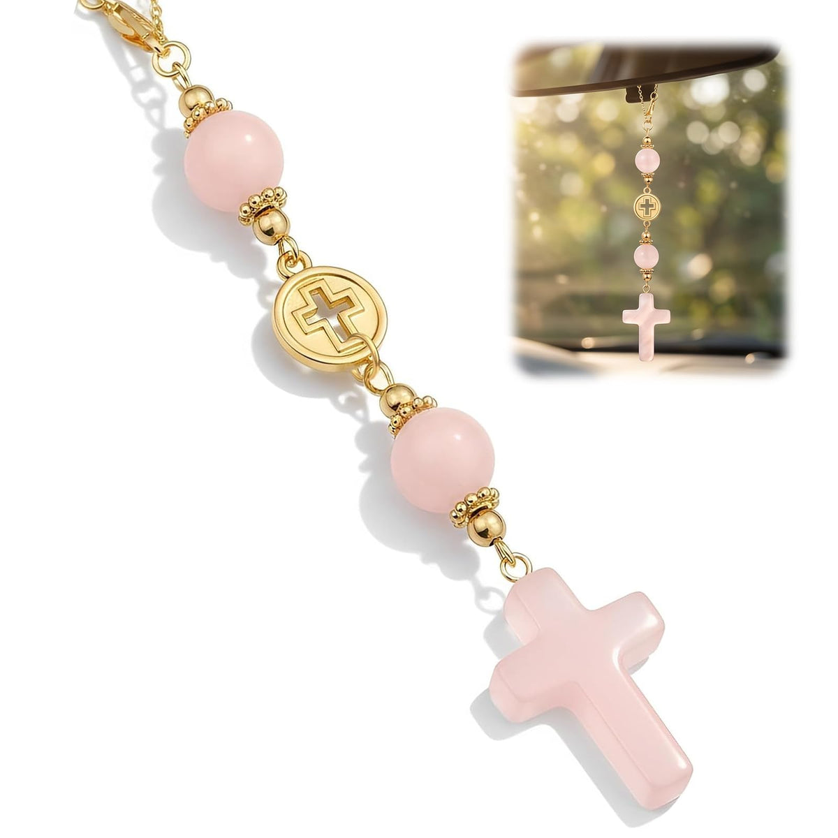Green Crystal Cross Car Hanging Charm, Boho Blessing Rear View Mirror Ornament, Healing Stone Car Decor Accessories for Women