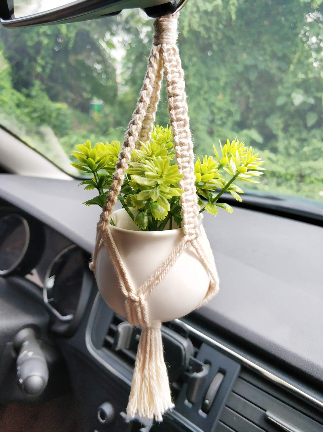 Dahey 2 Pack Mini Macrame Succulent Plant Hangers for Car Rearview Mirror