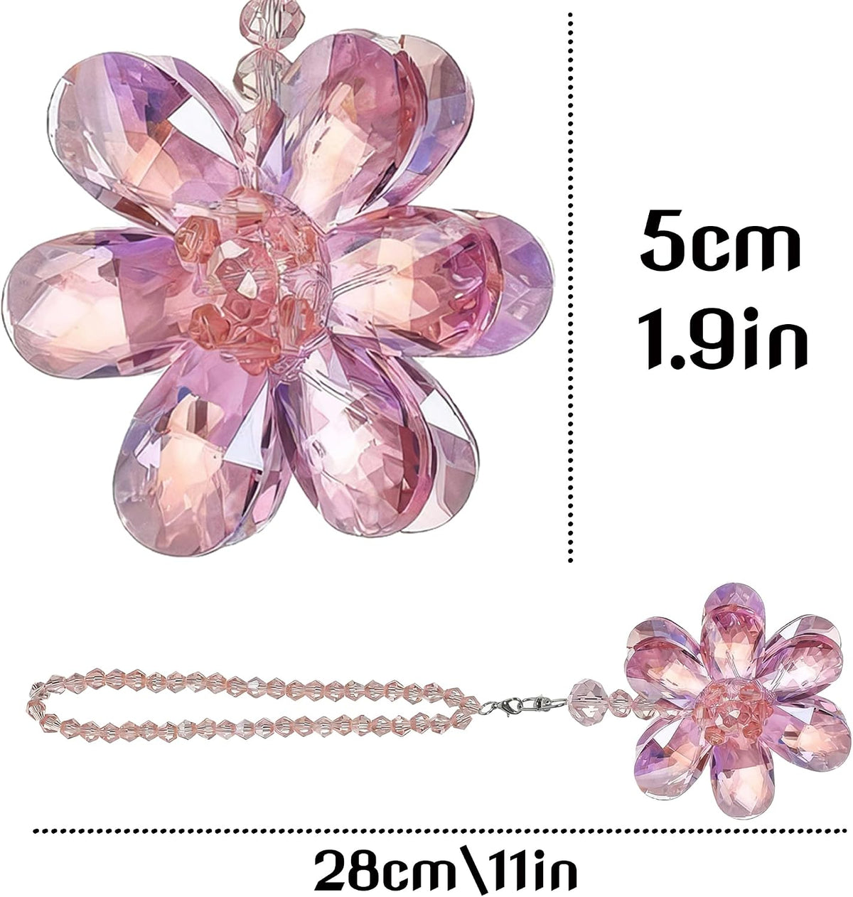 Pink Crystal Flower Car Charm for Women - Feng Shui Rearview Mirror Hanging Ornament - Crystal Bead Auto Interior Decor
