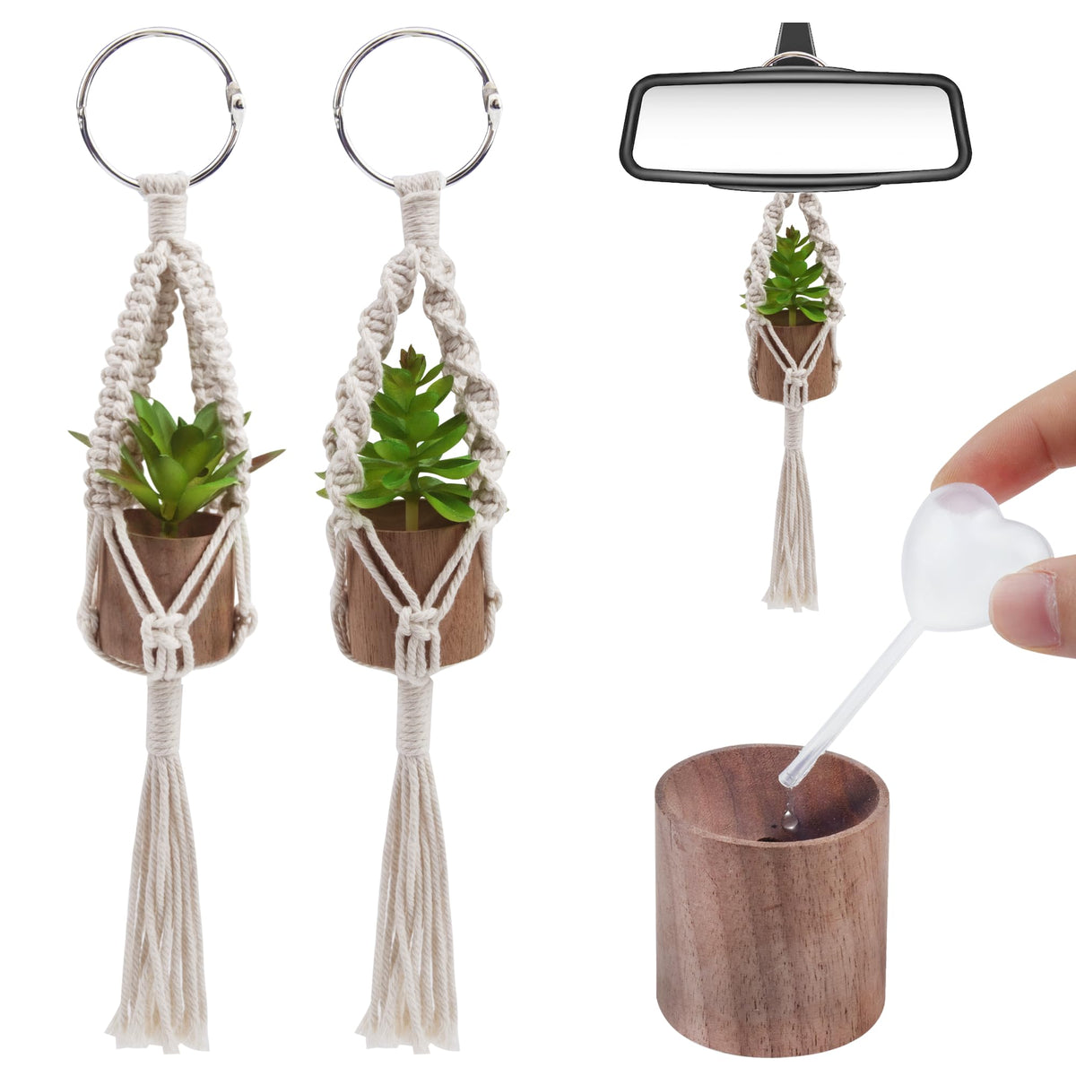 2 Pack Plant Car Mirror Hanging Accessories Cute Crochet Plant Car Air Freshener with Wooden Essential Oil Diffusers Reusable Mini Macrame Boho Plant for Rear View Mirror Home Office Decor