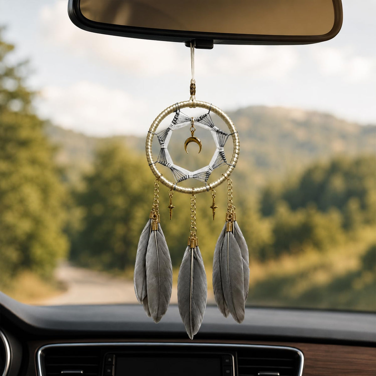 Dream Catchers for Car Small Moon Dreamcatcher Rear View Mirror Hanging Decor Car Charms Pendant Gift for Adults Black