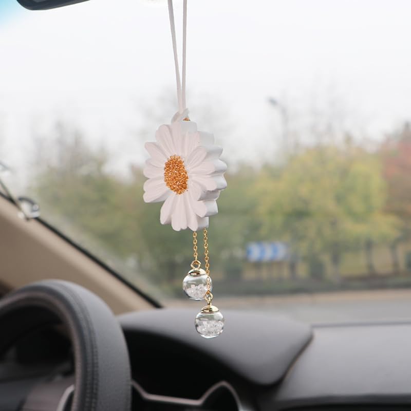 Daisy Car Hanging Ornaments for Women Girls Cute Sunflower Car Rear View Mirror Hanging Charms Automotive Interior Aesthetic Decoration Accessories Gift (White)