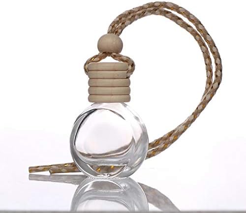 10 Pcs 8ml Hanging Essential Oil Diffuser,Empty Clear Glass Oblate Car Air Freshener Perfume Aromatherapy Pendant Bottle Vials With Wooden Caps & Hanging String-FREE 1 Funnel&Dropper
