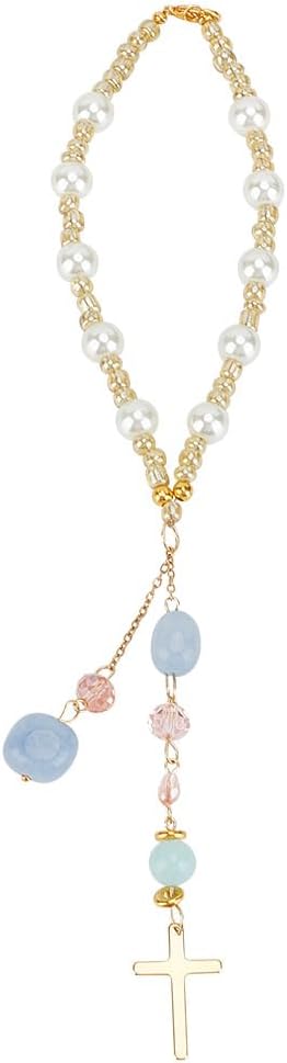 Natural Jade Cross Car Hanging Ornament Rearview Mirror Accessories Glass Beaded Charms With Pearl Car Hanging Accessories Suncatcher for Car Rear View Mirror Window Balcony Keychain Decor