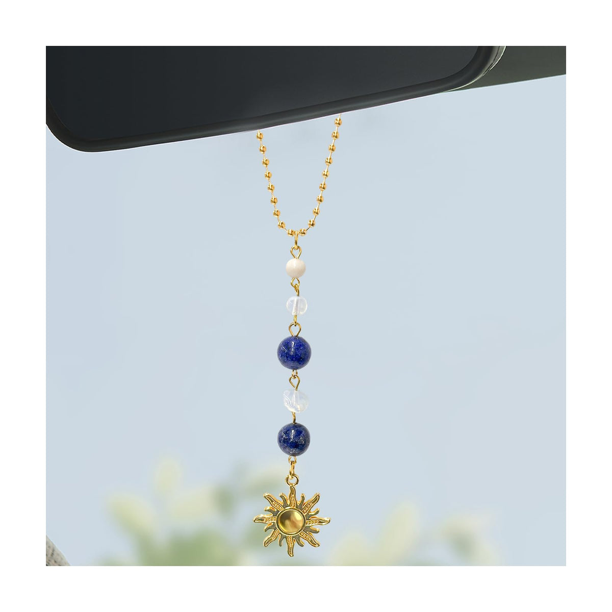 Sun Hanging Car Charm, Rear View Mirror Cute Boho Dangling Sun Car Decor Hanging Ornament, Handmade Healing Natural Crystals Stones Sun Catcher Mirror Pendant for Women Men (Green)