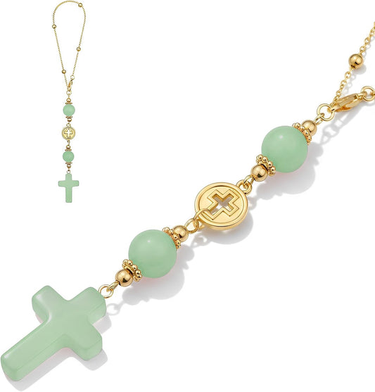 Crystal Cross Car Charm for Rearview Mirror, Car Mirror Hanging Accessories, Christian Cross Car Decor Ornament, Cute Car Charm for Women Drivers Mom (Green)
