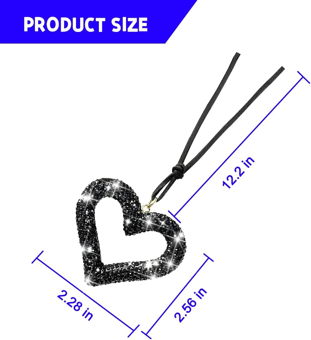 Mandark Crystal Rhinestone Heart Rearview Mirror Pendant, Black