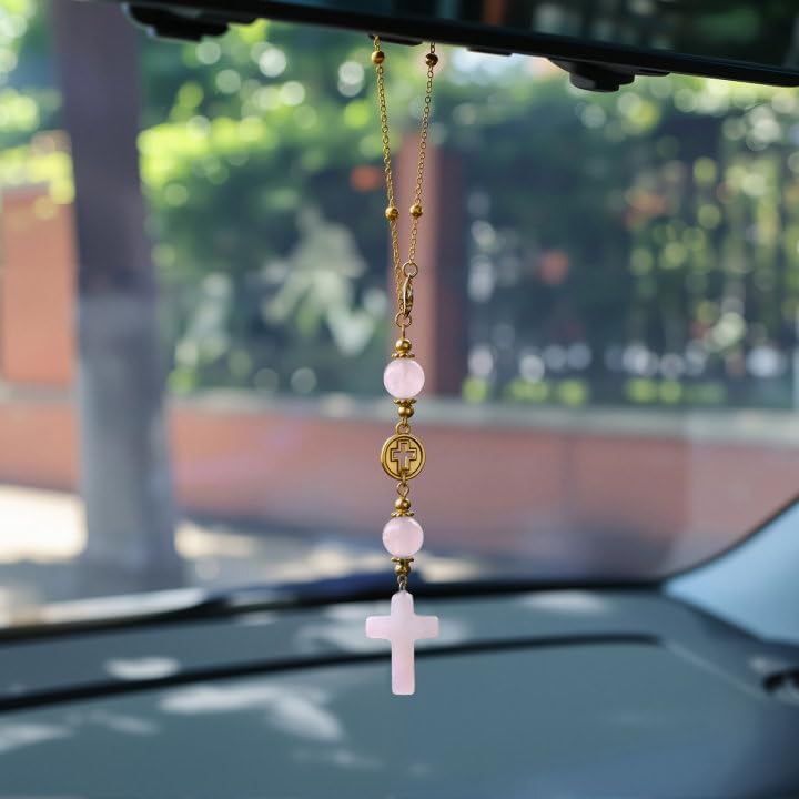 Cross Crystal Hanging Car Charm,Cute Healing Stones Car Decor for Rear View Mirror Boho Handmade Sun Catcher Ornament Accessories Rose Quartz Crystal Protection for Women