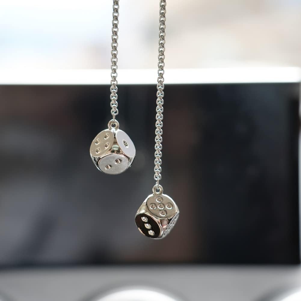 Creative Hanging Dice with Dots Car Metal Pendant Rear View Mirrors Charms Ornament (Silver)