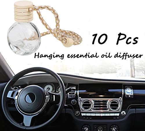10 Pcs 8ml Hanging Essential Oil Diffuser,Empty Clear Glass Oblate Car Air Freshener Perfume Aromatherapy Pendant Bottle Vials With Wooden Caps & Hanging String-FREE 1 Funnel&Dropper