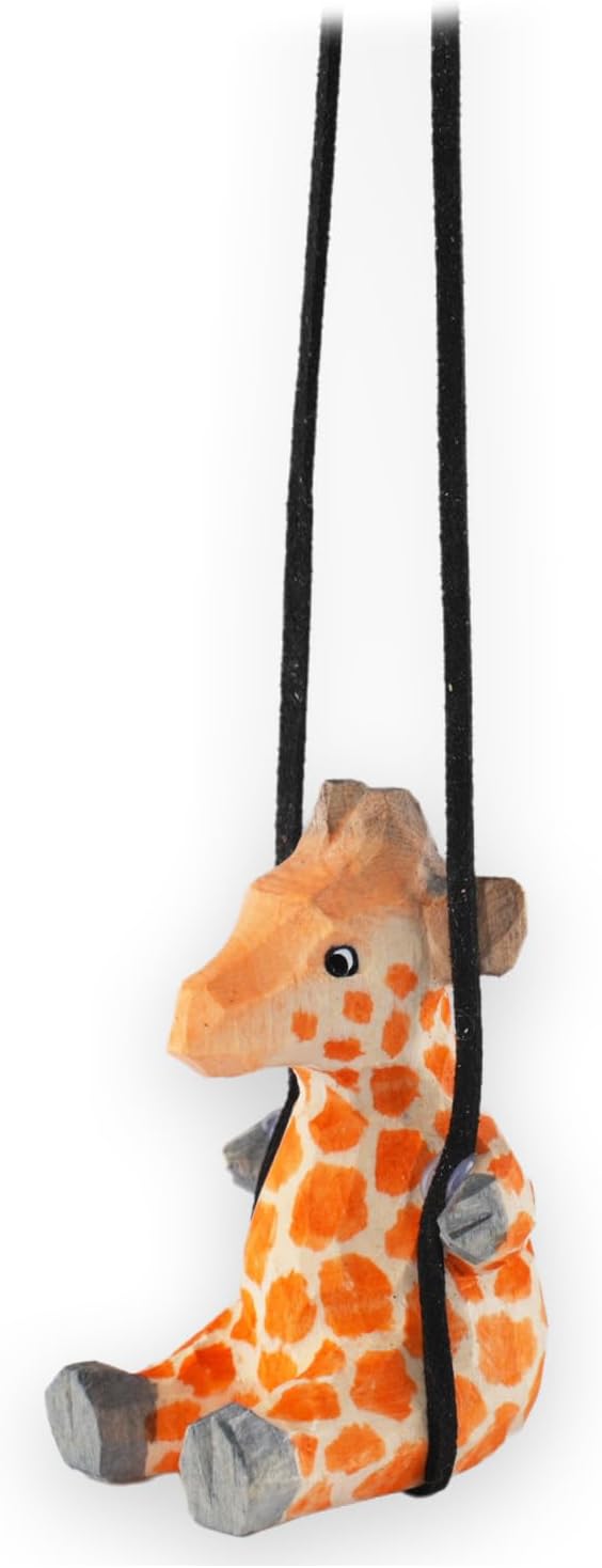 Handmade Wooden Swinging Giraffe Car Hanging Ornament - Cute Hand Carved Painted Wood Giraffe Figurine Car Mirror Hanging Accessories Decor Gifts