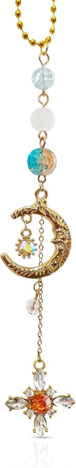 Sun Moon Car Charm Hanging, Boho Dangling Automotive Decor-Rear View Mirror Decoration with Handmade Healing Crystals Stones, Cute Interior Ornament Car Accessories
