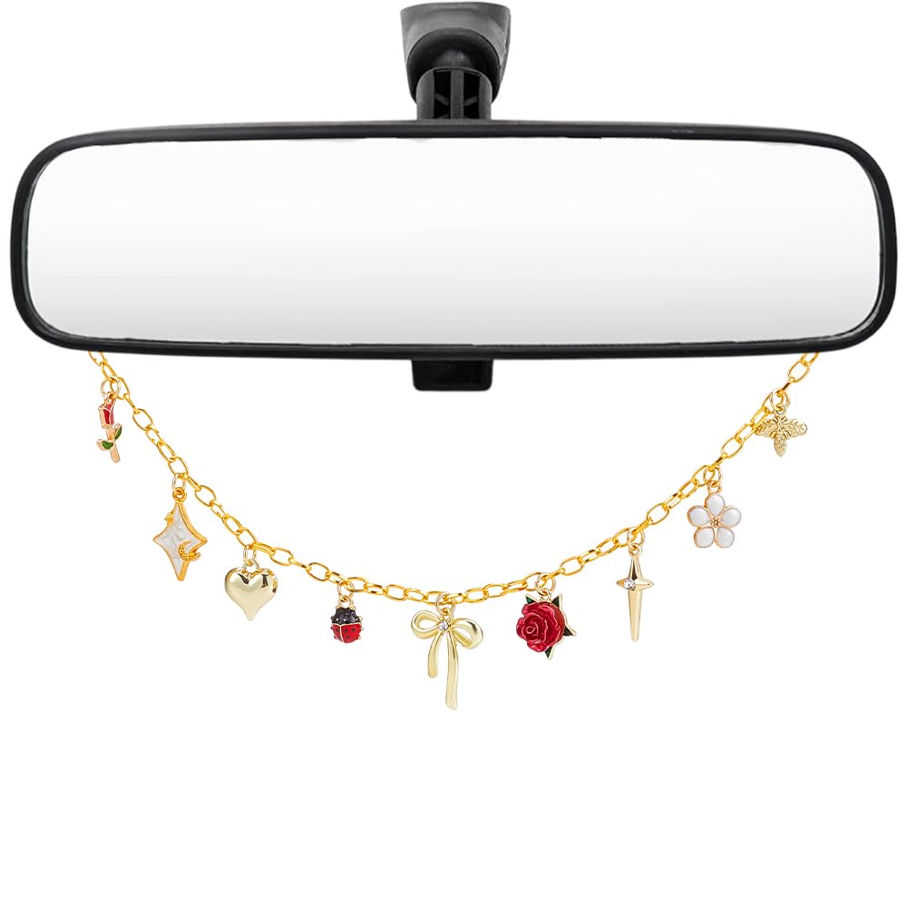 Rearview Mirror Hanging Ornament Pink Car Charm with Bow Heart Flower Pearl Aluminum Cute Feminine Aesthetic Rearview Mirror Hanging Accessories Car Decor Gift for Women