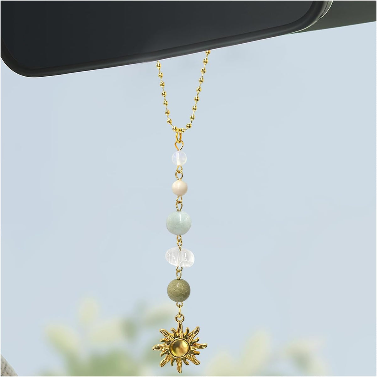 Sun Hanging Car Charm, Rear View Mirror Cute Boho Dangling Sun Car Decor Hanging Ornament, Handmade Healing Natural Crystals Stones Sun Catcher Mirror Pendant for Women Men (Green)