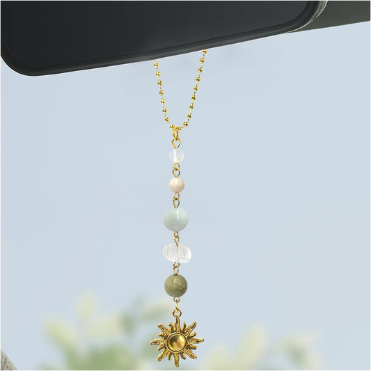 Sun Hanging Car Charm, Rear View Mirror Cute Boho Dangling Sun Car Decor Hanging Ornament, Handmade Healing Natural Crystals Stones Sun Catcher Mirror Pendant for Women Men (Green)