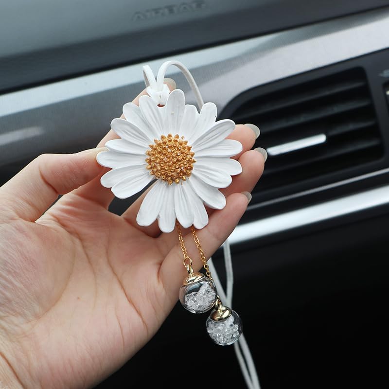 Daisy Car Hanging Ornaments for Women Girls Cute Sunflower Car Rear View Mirror Hanging Charms Automotive Interior Aesthetic Decoration Accessories Gift (White)