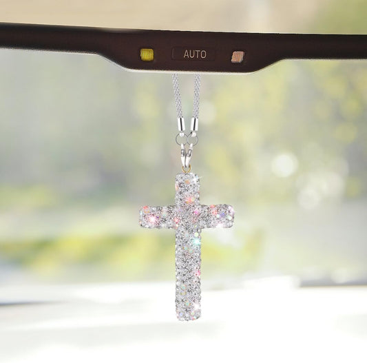 ZIMISI Bling Cross Car Hanging Ornament (White)