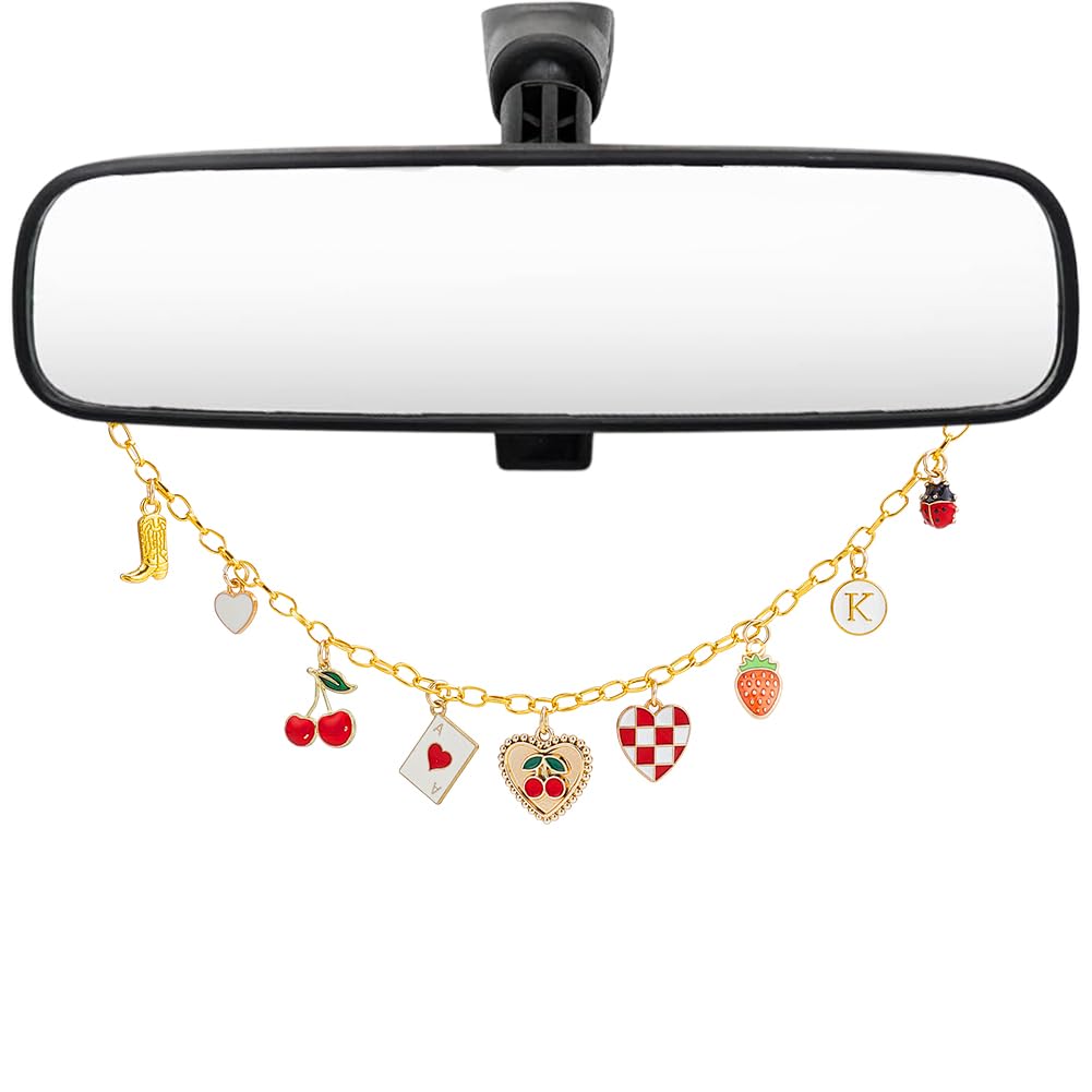 Rearview Mirror Hanging Ornament Pink Car Charm with Bow Heart Flower Pearl Aluminum Cute Feminine Aesthetic Rearview Mirror Hanging Accessories Car Decor Gift for Women
