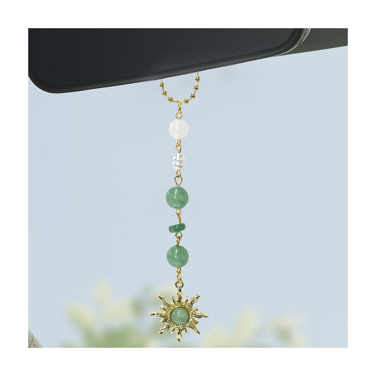 Sun Hanging Car Charm, Rear View Mirror Cute Boho Dangling Sun Car Decor Hanging Ornament, Handmade Healing Natural Crystals Stones Sun Catcher Mirror Pendant for Women Men (Green)
