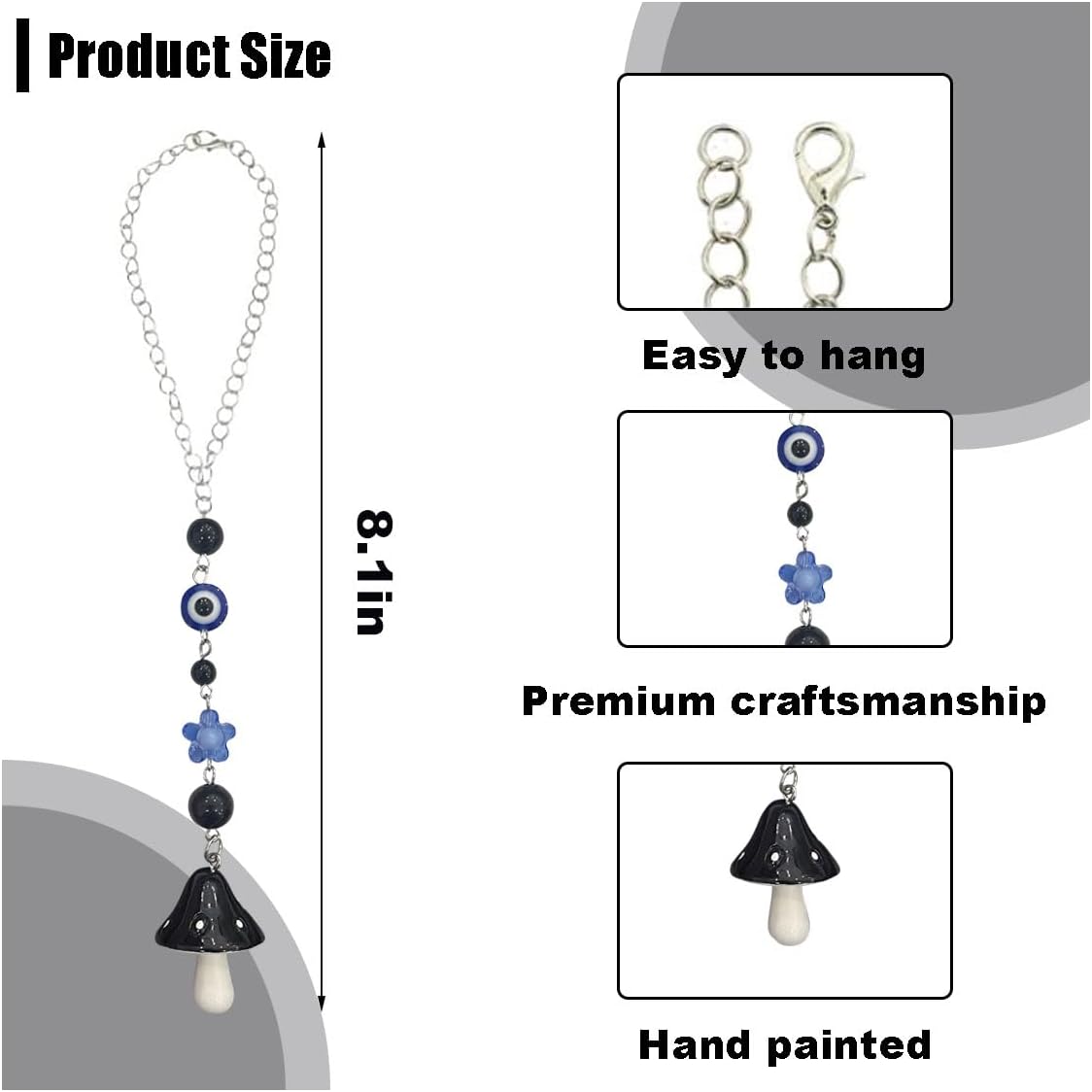 KITUREK Mushroom Car Hanging Ornament, Lucky Evil Eye Charm, Hand-Painted Resin Decor, 8.1'' Long (Black)