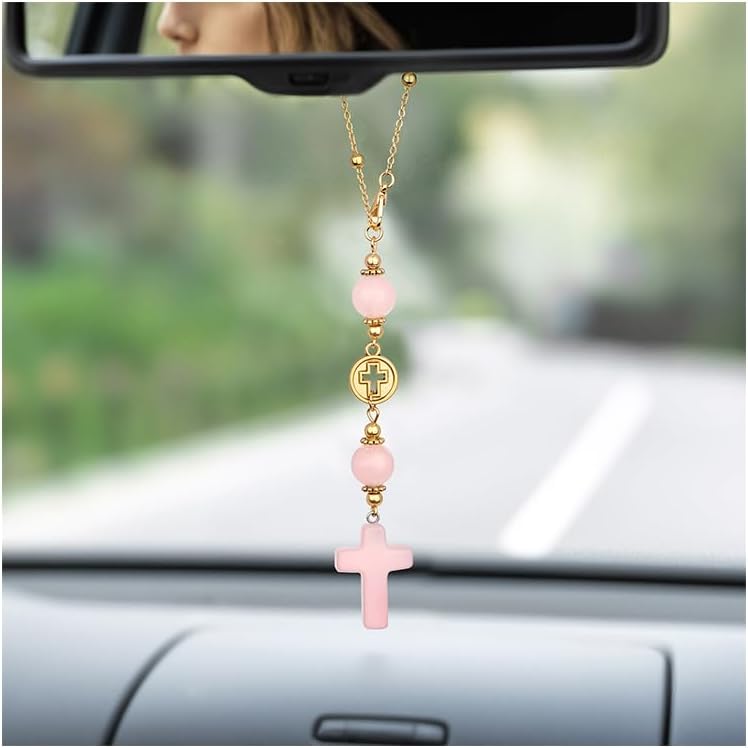 Cross Crystal Hanging Car Charm,Cute Healing Stones Car Decor for Rear View Mirror Boho Handmade Sun Catcher Ornament Accessories Rose Quartz Crystal Protection for Women