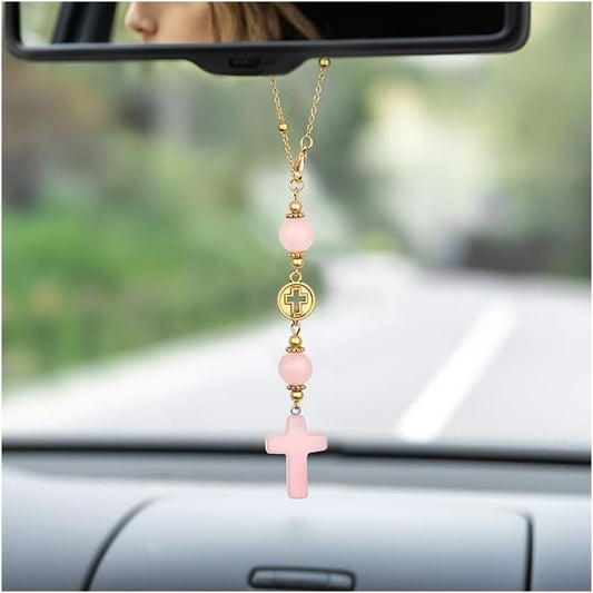 Cross Crystal Hanging Car Charm,Cute Healing Stones Car Decor for Rear View Mirror Boho Handmade Sun Catcher Ornament Accessories Rose Quartz Crystal Protection for Women