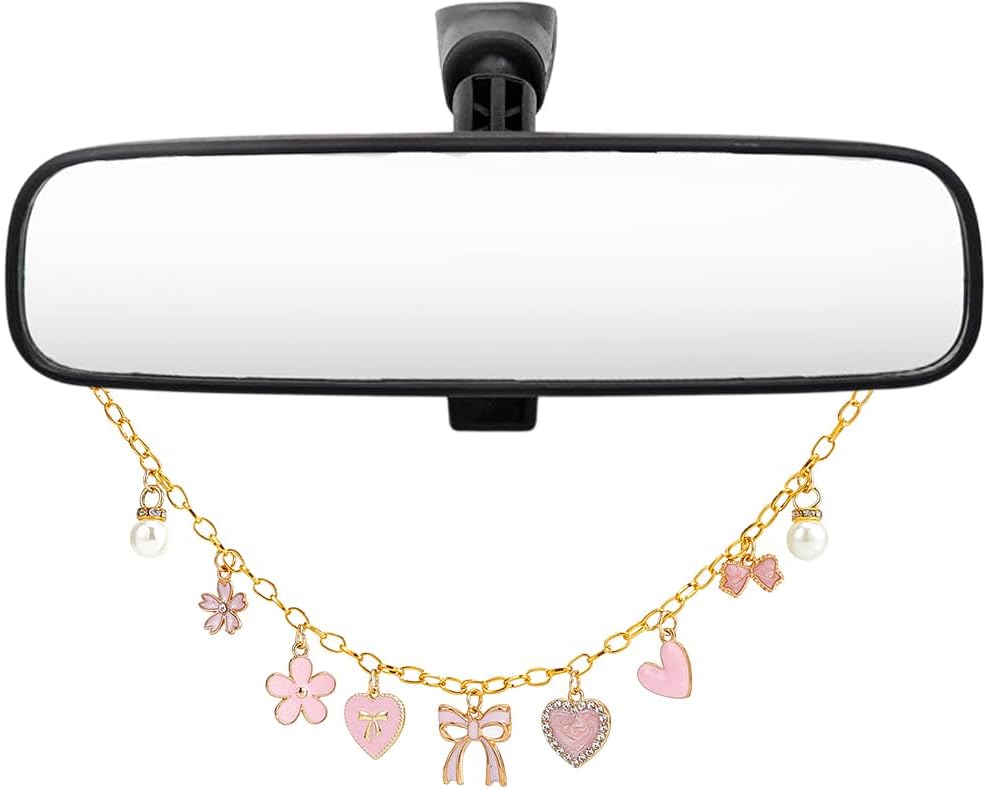 Rearview Mirror Hanging Ornament Pink Car Charm with Bow Heart Flower Pearl Aluminum Cute Feminine Aesthetic Rearview Mirror Hanging Accessories Car Decor Gift for Women