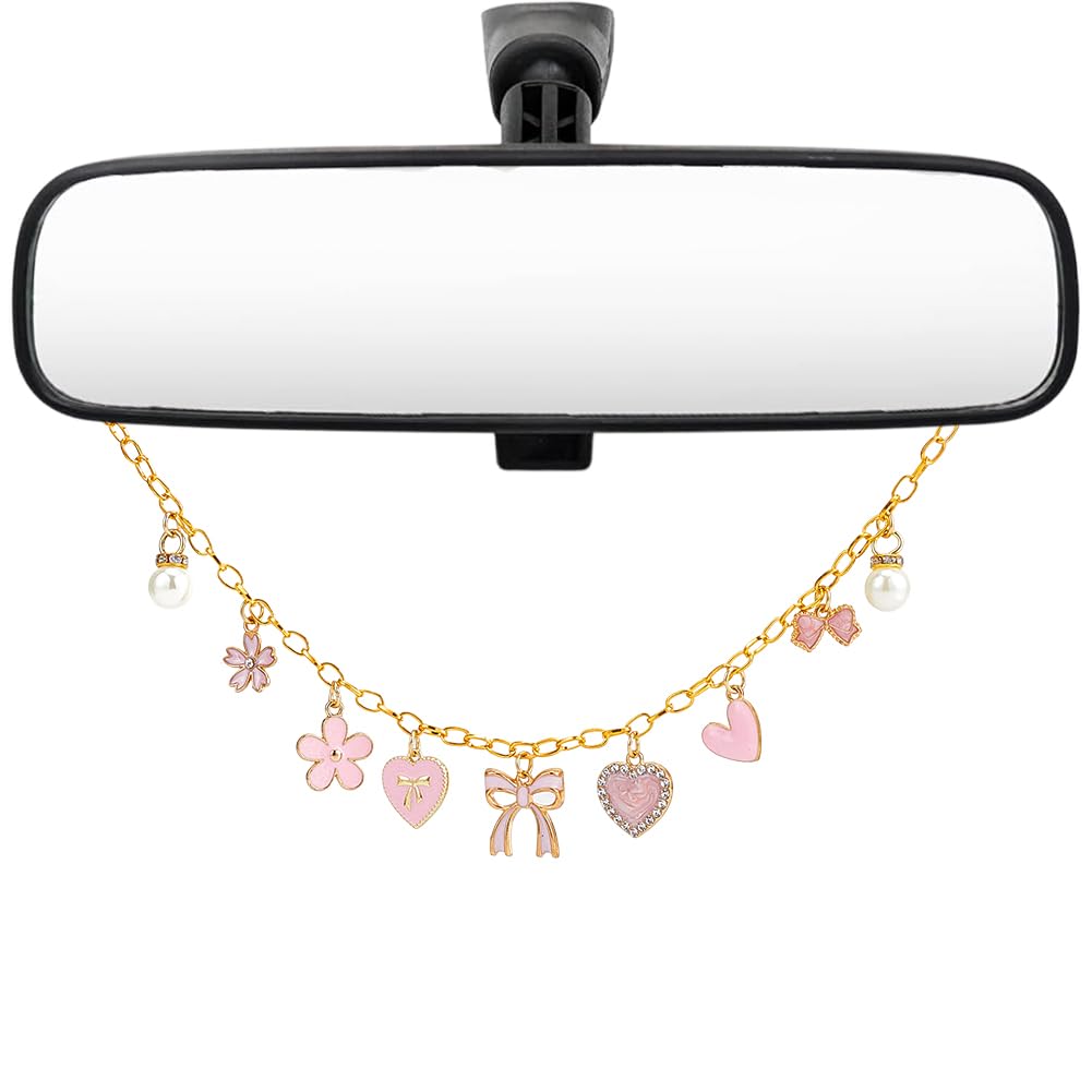 Rearview Mirror Hanging Ornament Pink Car Charm with Bow Heart Flower Pearl Aluminum Cute Feminine Aesthetic Rearview Mirror Hanging Accessories Car Decor Gift for Women