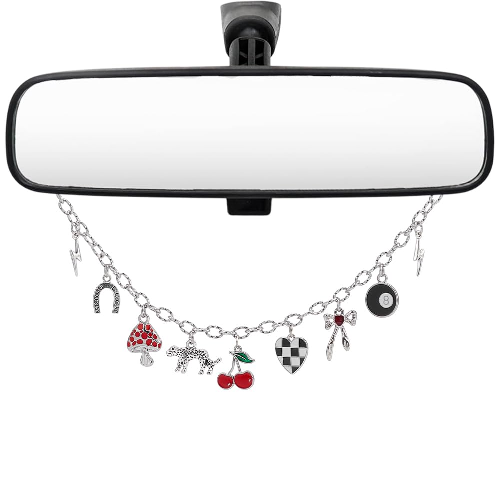 Rearview Mirror Hanging Ornament Pink Car Charm with Bow Heart Flower Pearl Aluminum Cute Feminine Aesthetic Rearview Mirror Hanging Accessories Car Decor Gift for Women
