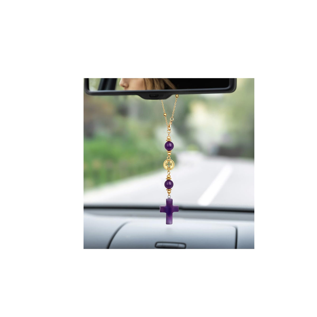 Cross Crystal Hanging Car Charm,Cute Healing Stones Car Decor for Rear View Mirror Boho Handmade Sun Catcher Ornament Accessories Rose Quartz Crystal Protection for Women