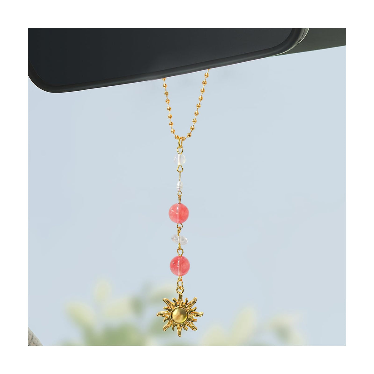 Sun Hanging Car Charm, Rear View Mirror Cute Boho Dangling Sun Car Decor Hanging Ornament, Handmade Healing Natural Crystals Stones Sun Catcher Mirror Pendant for Women Men (Green)