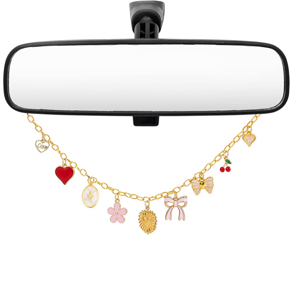 Rearview Mirror Hanging Ornament Pink Car Charm with Bow Heart Flower Pearl Aluminum Cute Feminine Aesthetic Rearview Mirror Hanging Accessories Car Decor Gift for Women