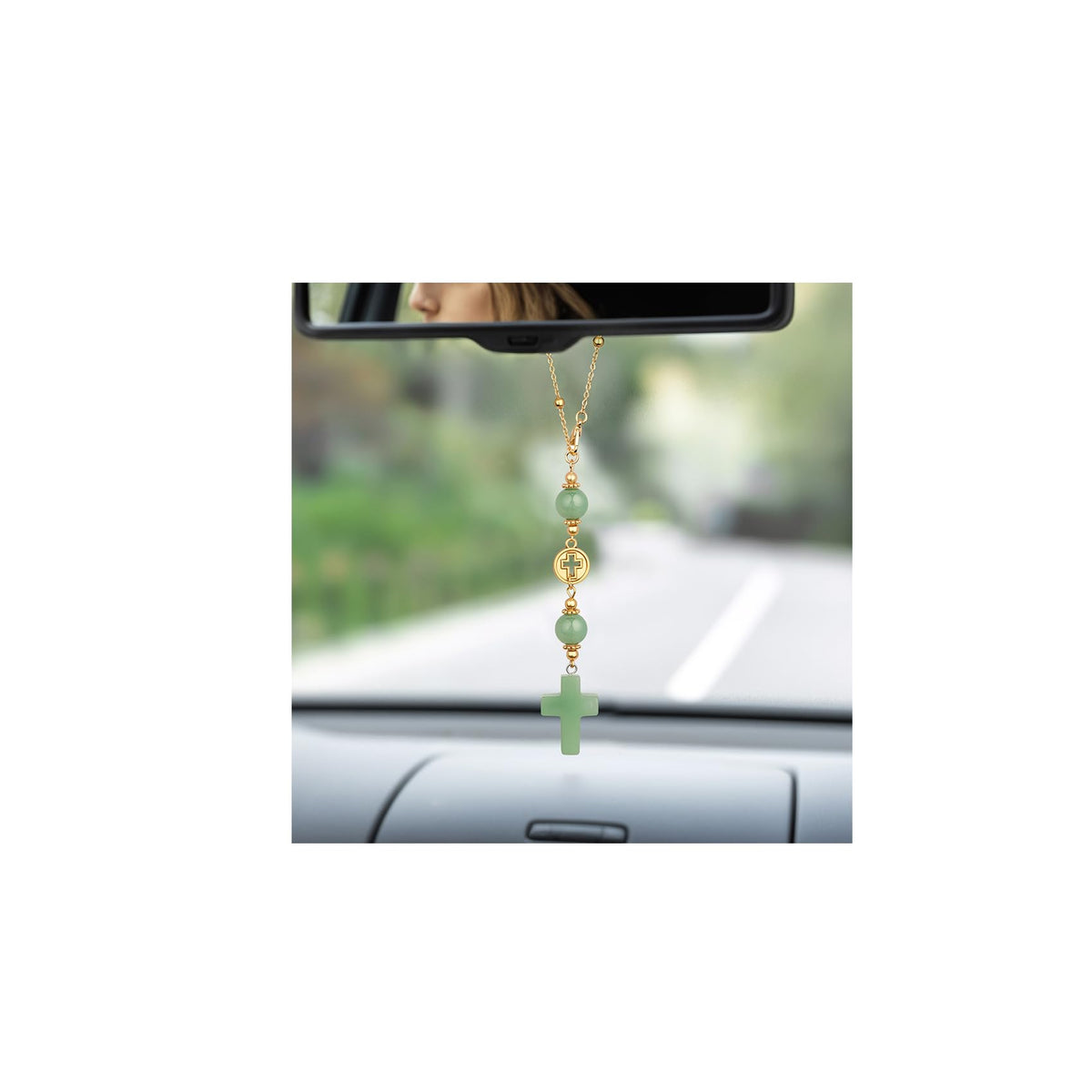 Cross Crystal Hanging Car Charm,Cute Healing Stones Car Decor for Rear View Mirror Boho Handmade Sun Catcher Ornament Accessories Rose Quartz Crystal Protection for Women