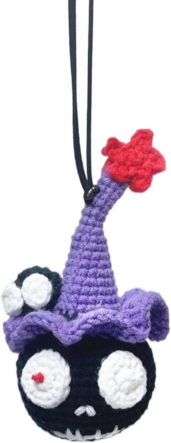 Hand Crocheted Cute Black Cartoon Hanging Ornament, Wool Car Rearview Mirror Charm, Decorative Pendant for Bag, Keychain & Home, Unique Handmade Gift (Black)