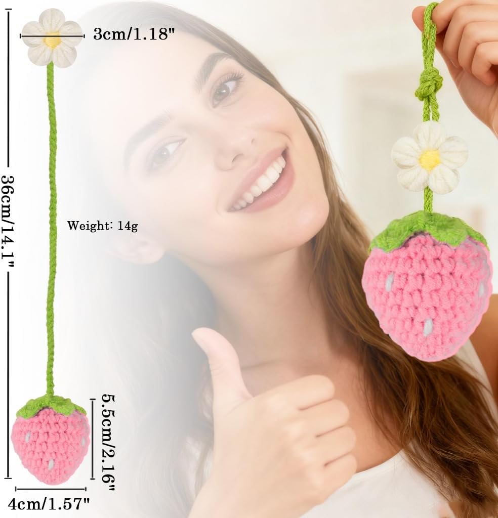 Crochet Strawberry and Flower Car Hanging Ornaments, Aesthetic Rearview Mirror Hanging Accessories, Handmade Car Decor 2-Pack, Pink
