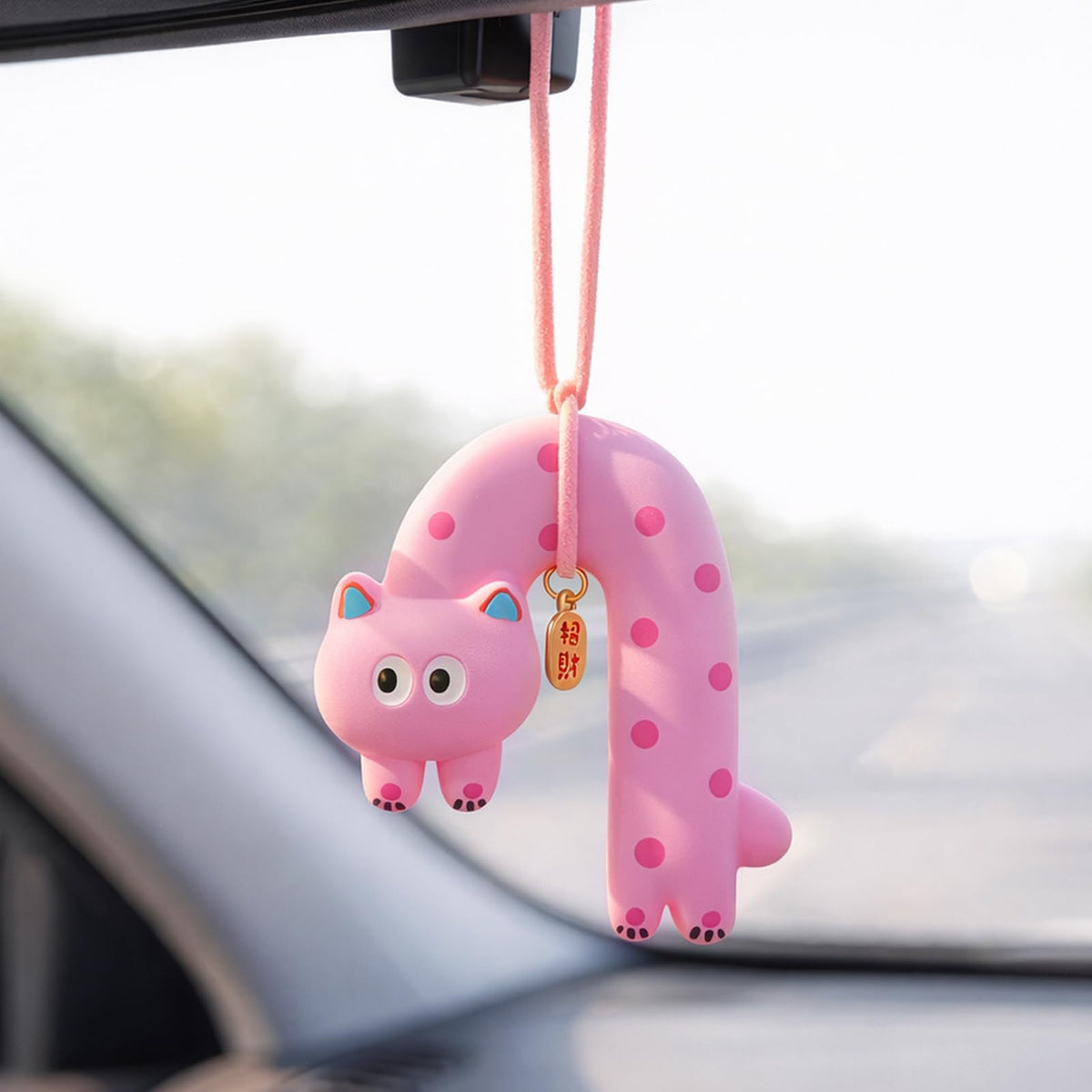 YGMONER Cute Cat Car Mirror Hanging Accessories, Pink Polka Dot Kitten Car Interior Rearview Mirror Gypsum Dangle Ornaments, Gifts for Women (White)