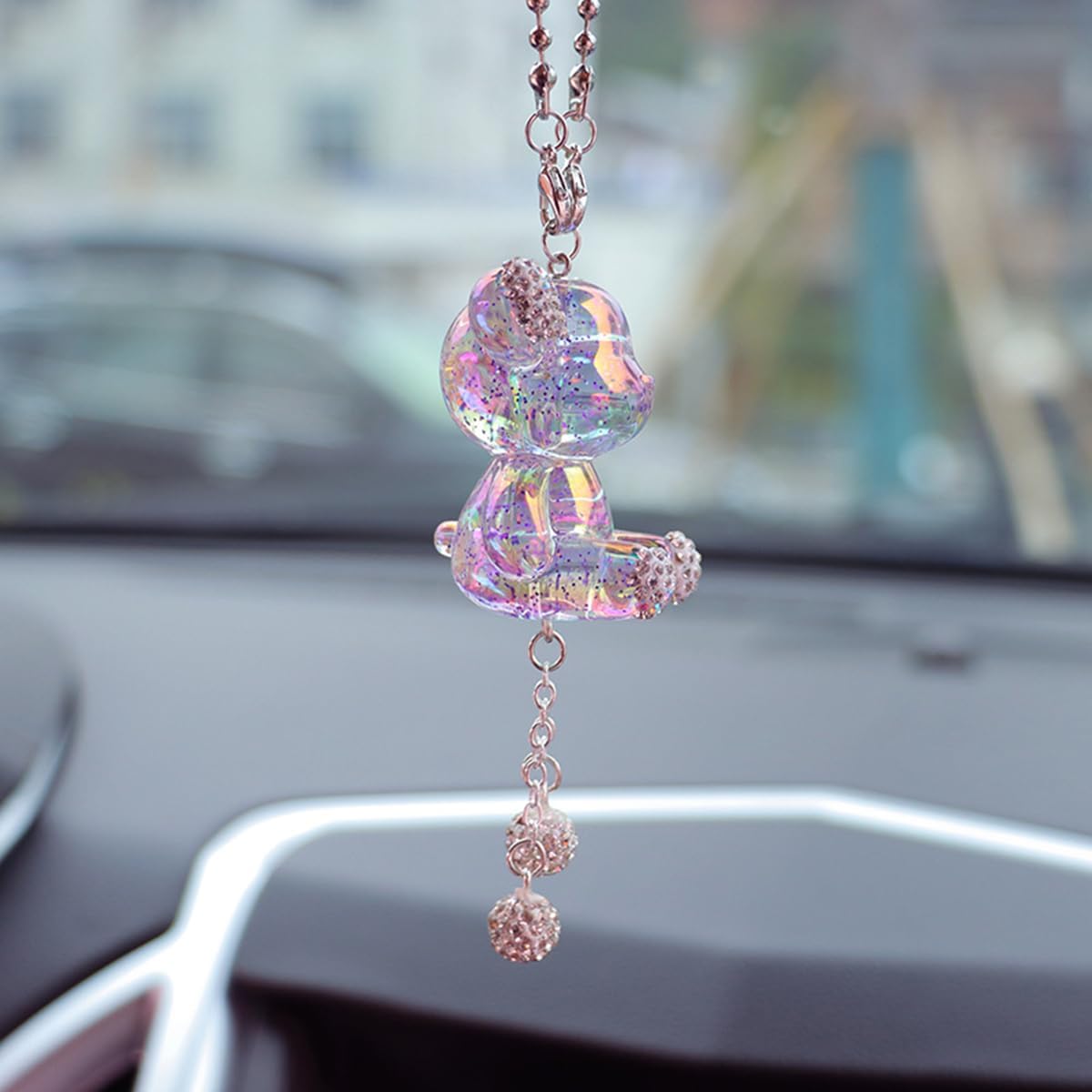 YOYLMAL Bling Diamond Car Hanging Accessories for Women, Cute Crystal Bear Car Rear View Mirror Charms Pendant Lucky Hanging Ornament Car Interior Decorations (Pink)