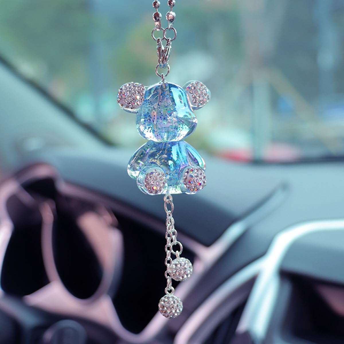 YOYLMAL Bling Diamond Car Hanging Accessories for Women, Cute Crystal Bear Car Rear View Mirror Charms Pendant Lucky Hanging Ornament Car Interior Decorations (Pink)