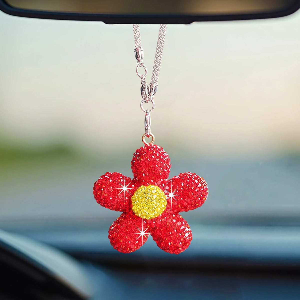 Bling Daisy Flower Car Hanging Ornament for Women, Cute Crystal Rear View Mirror Pendant Charms Sparkly Diamond Aesthetic Automotive Interior Decor Accessories (Yellow)