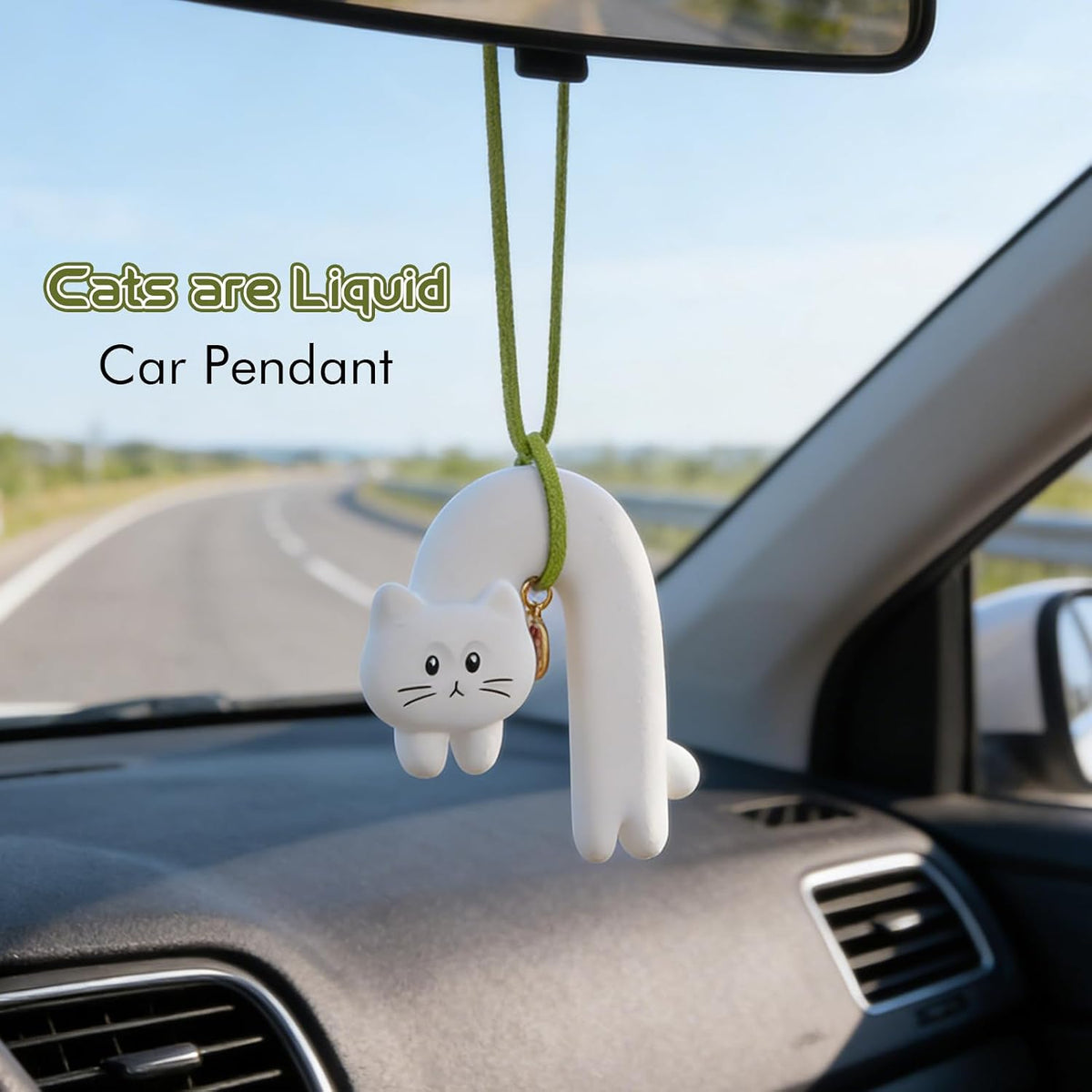 YGMONER Cute Cat Car Mirror Hanging Accessories, Pink Polka Dot Kitten Car Interior Rearview Mirror Gypsum Dangle Ornaments, Gifts for Women (White)