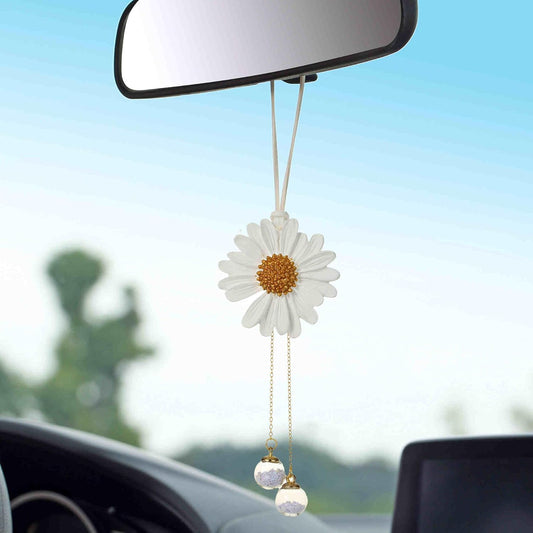 Daisy Car Hanging Ornaments for Women Girls Cute Sunflower Car Rear View Mirror Hanging Charms Automotive Interior Aesthetic Decoration Accessories Gift (White)