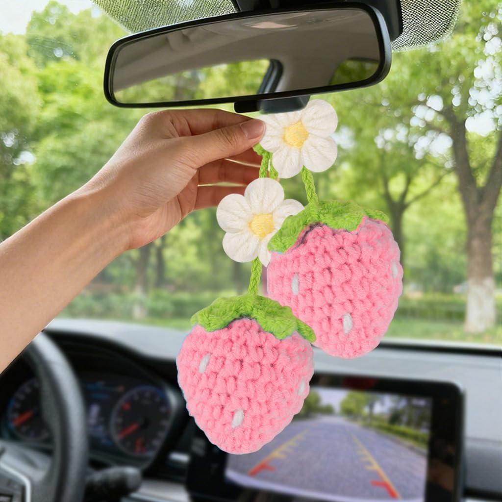 Crochet Strawberry and Flower Car Hanging Ornaments, Aesthetic Rearview Mirror Hanging Accessories, Handmade Car Decor 2-Pack, Pink