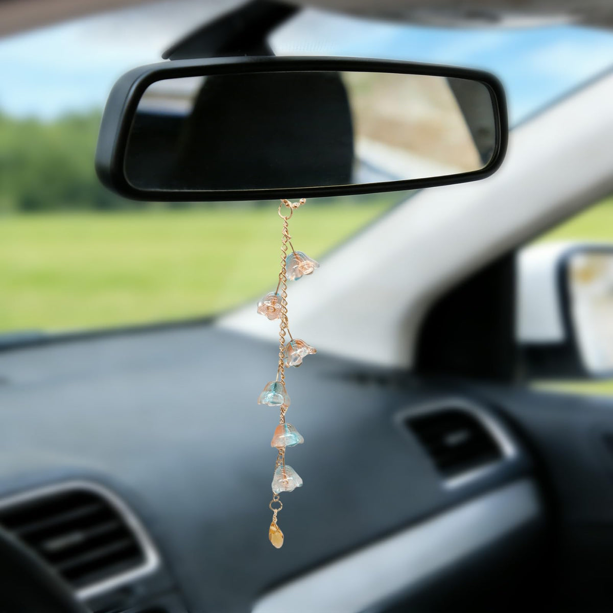 CASONA Car Rearview Mirror Hanging Decor,Green Glass Lily of the Valley