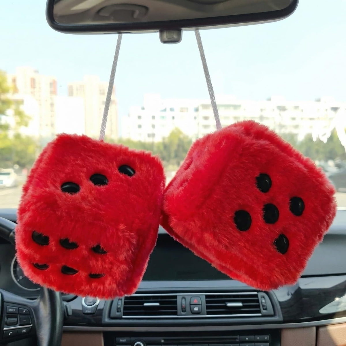 Fuzzy Plush Dice for Car Mirror, Pair of Retro 3” Red Dice with Black Dots for Car Interior Hanging Ornament Decoration