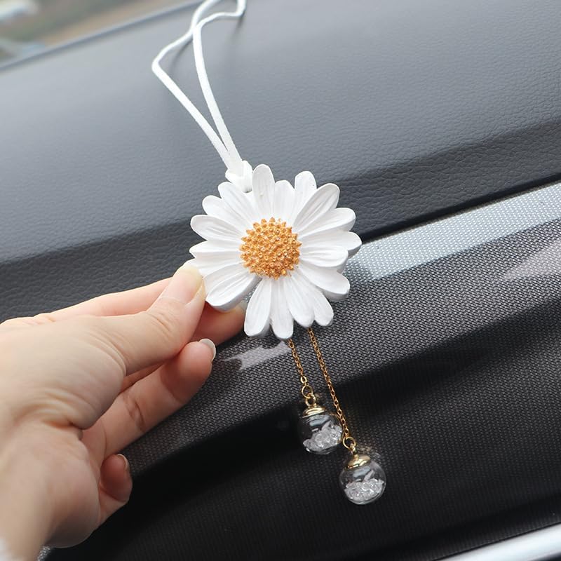 Daisy Car Hanging Ornaments for Women Girls Cute Sunflower Car Rear View Mirror Hanging Charms Automotive Interior Aesthetic Decoration Accessories Gift (White)